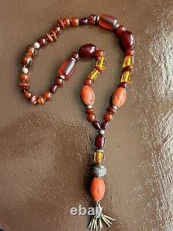 Antique Vintage Amber Bakelite Faturan With Coral necklace For Sale
