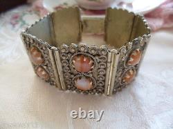 Antique Vintage Amber Coloured Agate Glass Bracelet set in wide Foreign Silver