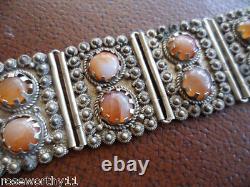 Antique Vintage Amber Coloured Agate Glass Bracelet set in wide Foreign Silver