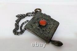 Antique Vintage Amber Stone Red 19th Bronze Larg Chain Necklaces Pendants 65CM