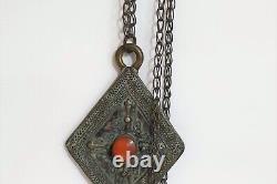 Antique Vintage Amber Stone Red 19th Bronze Larg Chain Necklaces Pendants 65CM