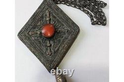 Antique Vintage Amber Stone Red 19th Bronze Larg Chain Necklaces Pendants 65CM