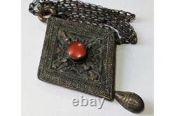 Antique Vintage Amber Stone Red 19th Bronze Larg Chain Necklaces Pendants 65CM