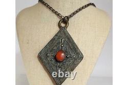 Antique Vintage Amber Stone Red 19th Bronze Larg Chain Necklaces Pendants 65CM