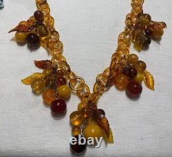Antique Vintage Bakelite Era Celluloid Yellow Amber Cherries Dangle Bib Necklace