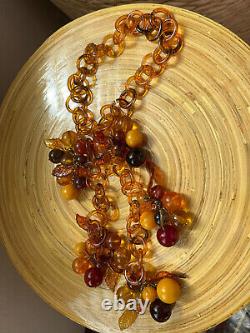 Antique Vintage Bakelite Era Celluloid Yellow Amber Cherries Dangle Bib Necklace