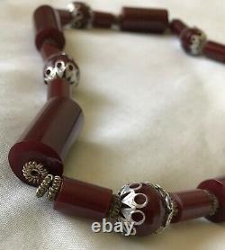 Antique Vintage Cherry Amber Red Bakelite Faturan Rare Prayer Beads Necklace 103