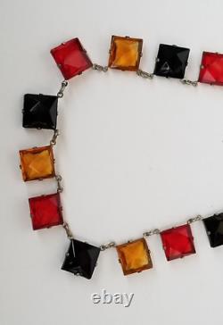 Antique/Vtg Art Deco Red Black Amber Glass Open Back Silver Tone Choker Necklace