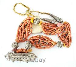 Antique original Yemeni Silver natural amber red coral Beads Bawsani necklace