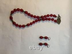 Antique vintage necklace and earrings made of rare Cherry amber. 50g