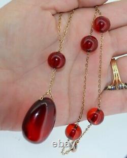 Art Deco Cherry Amber Bakelite & 10K Gold Necklace