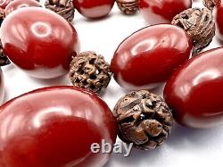 Art Deco Cherry Bakelite Amber Faturan & Carved Ojime Wood Bead Necklace