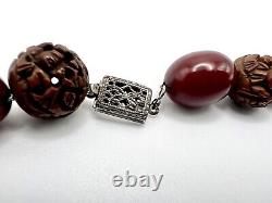 Art Deco Cherry Bakelite Amber Faturan & Carved Ojime Wood Bead Necklace