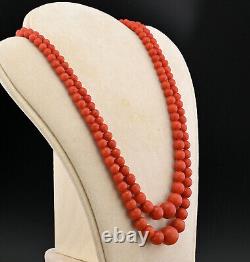 Art Deco Double Strand Natural Red Coral Necklace Gold Clasp