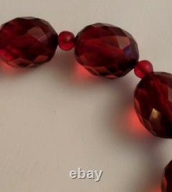 Art Deco Micro Faceted Red Cherry Amber Bakelite Pools of Light Bead Necklace
