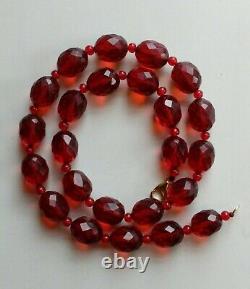Art Deco Micro Faceted Red Cherry Amber Bakelite Pools of Light Bead Necklace