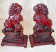 Big 16 Pair Of Vintage Chinese Faux Cherry Amber Resin Foo Dogs On Wood Stands