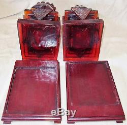 BIG 16 Pair of Vintage Chinese Faux Cherry Amber Resin Foo Dogs on Wood Stands