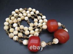 Bakelite Necklace Cherry Amber Marbled Balamuti Mother of Pearl MOP Bead 38 VTG