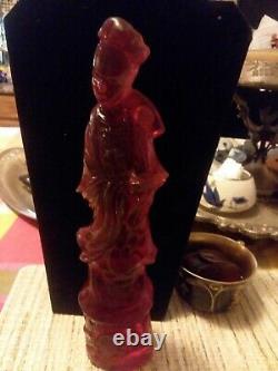 Beautiful Cherry Red Amber Carving Figure of Chinese Lady Hight 9.5 Statue