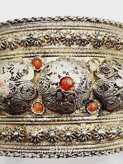 Bracele Antique Filigree Red Mediterranean Coral 800 Silver Panel ornate ethnic