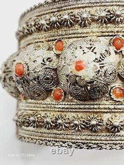 Bracele Antique Filigree Red Mediterranean Coral 800 Silver Panel ornate ethnic