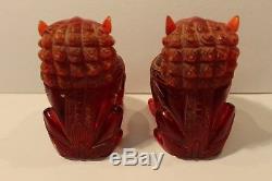 C19th Rare Natural Red Amber Pair Of Chinese Foo Dog Carved Figurines