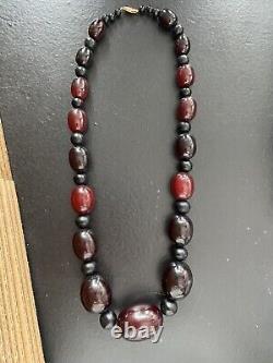 Cherry Amber Bakelite Bead Necklace Graduated Dark Swirl 14K Clasp- 100 Grams