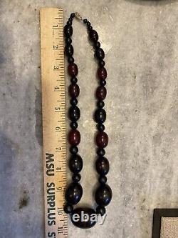 Cherry Amber Bakelite Bead Necklace Graduated Dark Swirl 14K Clasp- 100 Grams