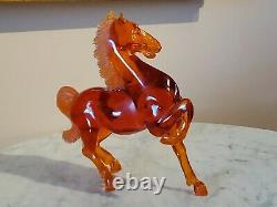 Chinese 1930s Hand Carved Cherry Amber Rearing Horse Figure 9.5 Tall