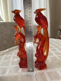 Chinese Carved Cherry Amber Bakelite Resin Birds Mirror Pair