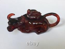 Chinese Cherry Amber Bakelike Faturan Oxen Figure Jug Feng Shui Year Of The Ox