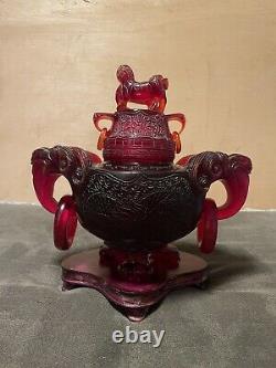 Chinese Red Amber Censor Hand Carved Foo Lions