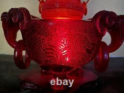 Chinese Red Amber Censor Hand Carved Foo Lions