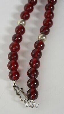 Chinese cherry Amber Necklace with a Jade Dragon Pendant Silver 925 rare