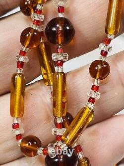 Czech Glass Flapper Length Amber Red & Clear 40 Vintage To Antique Necklace