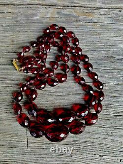 Double Strand Deco Faceted Rich Red Cherry Amber Bakelite Bead Necklace