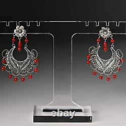 FEDERICO JIMENEZ Vintage Sterling Silver Coral Oaxaca Filigree Estate Earrings