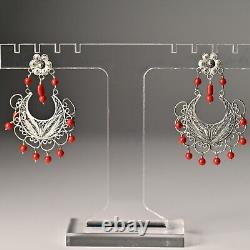 FEDERICO JIMENEZ Vintage Sterling Silver Coral Oaxaca Filigree Estate Earrings