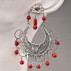 FEDERICO JIMENEZ Vintage Sterling Silver Coral Oaxaca Filigree Estate Earrings