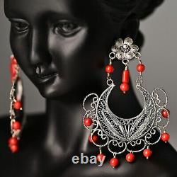 FEDERICO JIMENEZ Vintage Sterling Silver Coral Oaxaca Filigree Estate Earrings