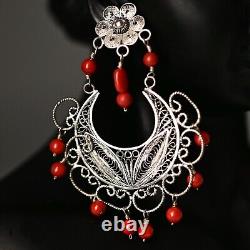 FEDERICO JIMENEZ Vintage Sterling Silver Coral Oaxaca Filigree Estate Earrings