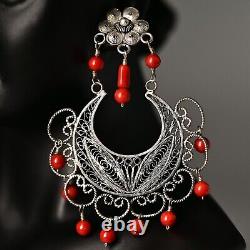 FEDERICO JIMENEZ Vintage Sterling Silver Coral Oaxaca Filigree Estate Earrings