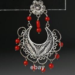 FEDERICO JIMENEZ Vintage Sterling Silver Coral Oaxaca Filigree Estate Earrings