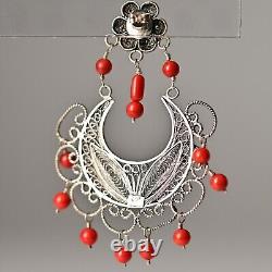 FEDERICO JIMENEZ Vintage Sterling Silver Coral Oaxaca Filigree Estate Earrings