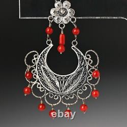 FEDERICO JIMENEZ Vintage Sterling Silver Coral Oaxaca Filigree Estate Earrings