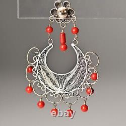 FEDERICO JIMENEZ Vintage Sterling Silver Coral Oaxaca Filigree Estate Earrings