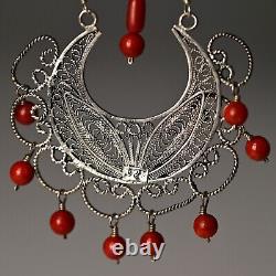 FEDERICO JIMENEZ Vintage Sterling Silver Coral Oaxaca Filigree Estate Earrings