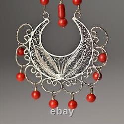 FEDERICO JIMENEZ Vintage Sterling Silver Coral Oaxaca Filigree Estate Earrings