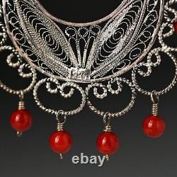 FEDERICO JIMENEZ Vintage Sterling Silver Coral Oaxaca Filigree Estate Earrings